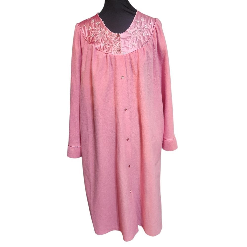 Vintage Sears Carriage Court Pink House Coat Robe Snap Front Fleece Large 16-18